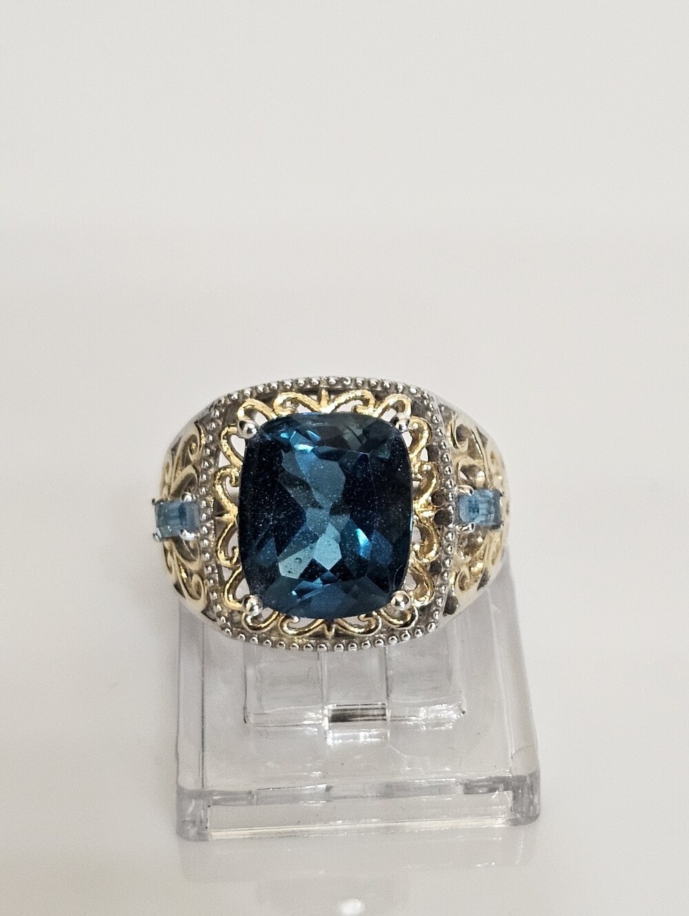 AAA Genuine London Blue & Neon Apatite Ring Sterling Silver & 18k Size 7